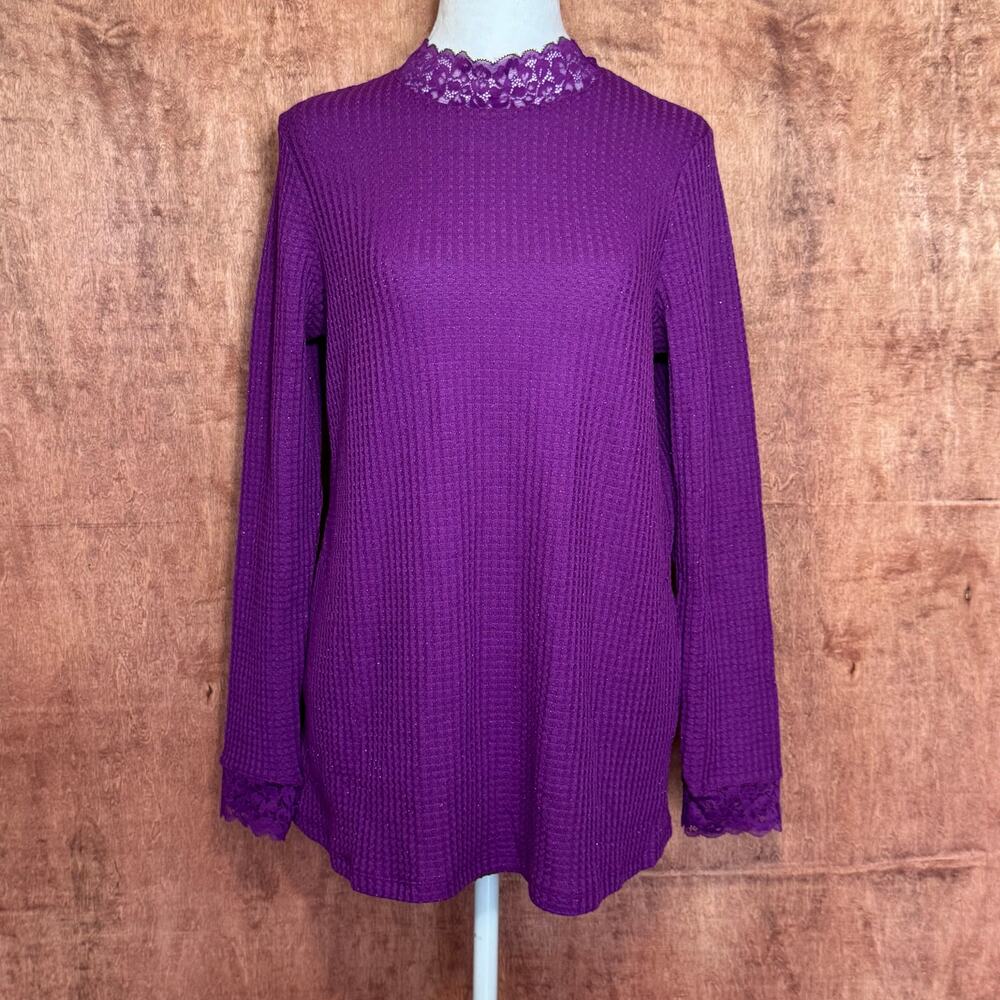 LOGO Lori Goldstein size S sparkling grape long sleeve blouse lace glitter